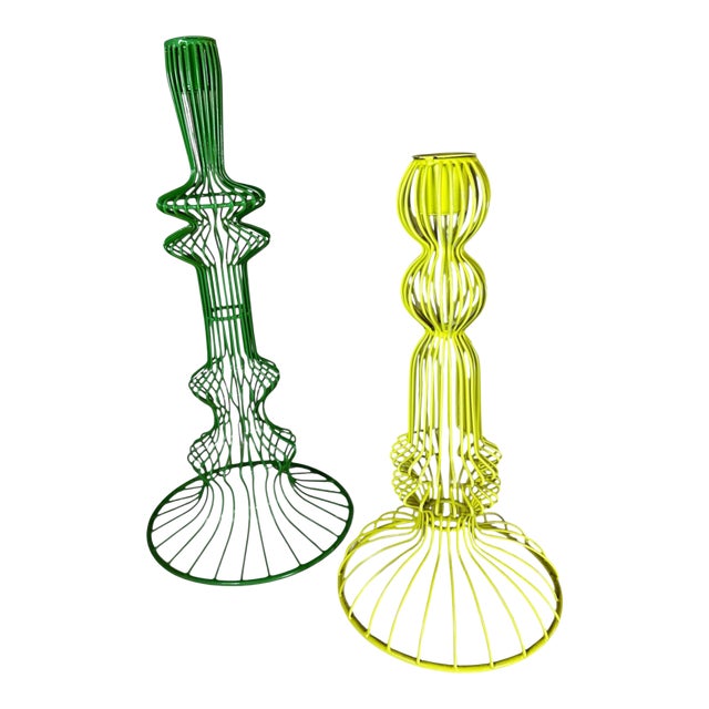 Set of Green Wire Taper Candle Holders For Sale