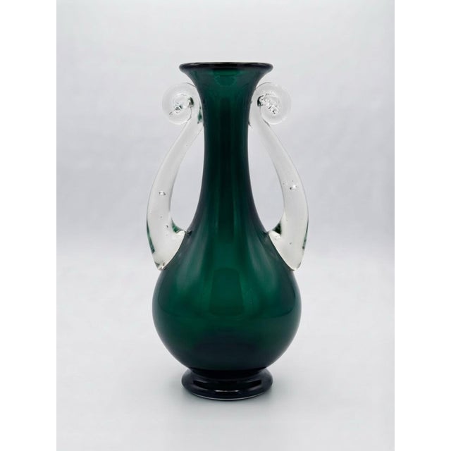 Glass Vintage Teal Green Art Glass Vase With Clear Applied Scroll Handles For Sale - Image 7 of 7