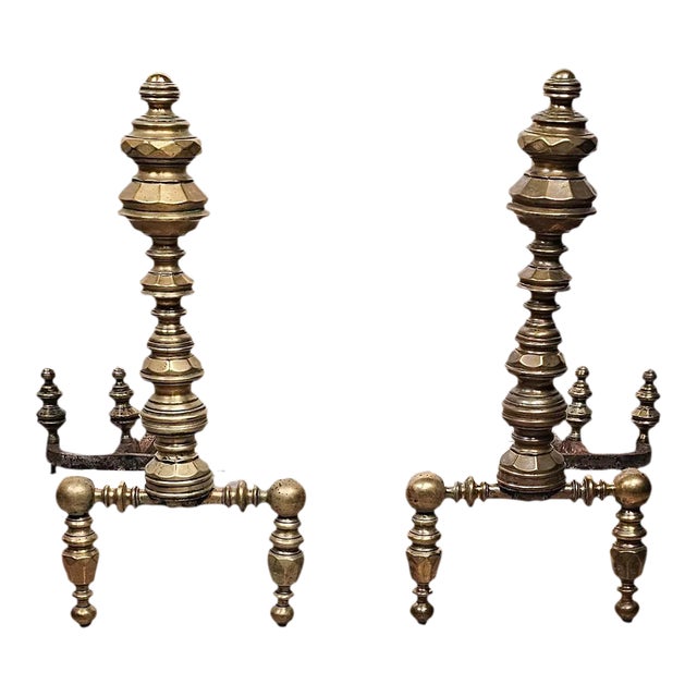 Pair of Large Brass and Iron Andirons, Circa 1850 For Sale