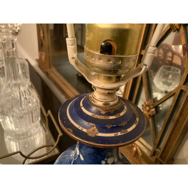 Vintage Blue and White Cherry Blossom Porcelain Vase Lamp on Metal Base For Sale - Image 10 of 13