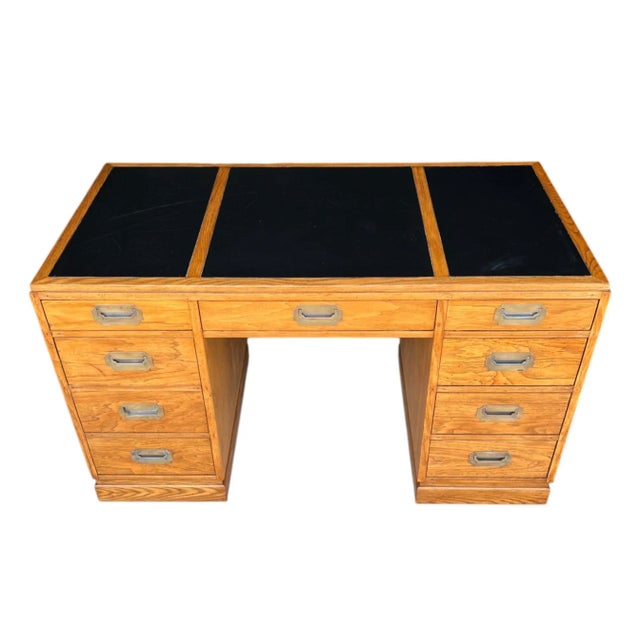 Mid-Century Modern Vintage Campaign-Style Oak Executive Desk With Black Leather Inlay For Sale - Image 3 of 12