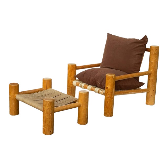 Hand Hewn Pine Log Armchair and Ottoman For Sale
