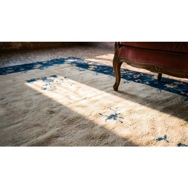 1920s Rectangle Hand Knotted Wool Antique Open Field Medallion Blue Large Rug For Sale - Image 13 of 14