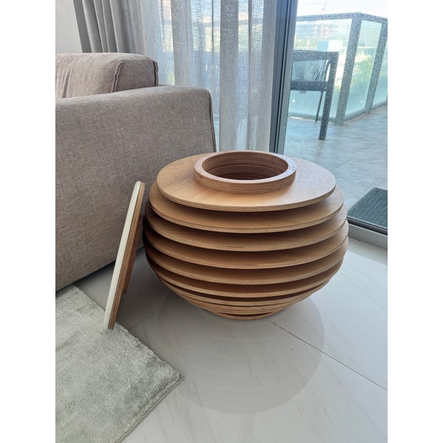 Morelato Sculptural Layered Ash Wood Side Table / Pouf With Leather Top – Italian Design For Sale In Miami - Image 6 of 8