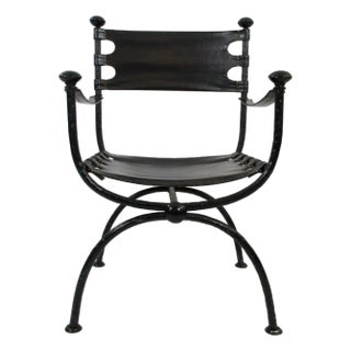 C.1950's Italian Giacometti-Style, Hand-Forged Savonarola Curule Legged & Leather Sling Arm Chair For Sale