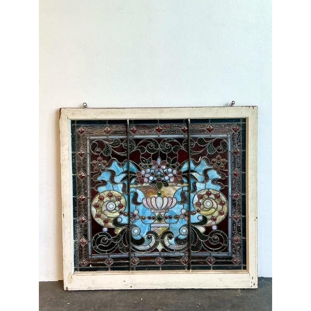 Vintage Framed Stained Glass Window For Sale - Image 9 of 12