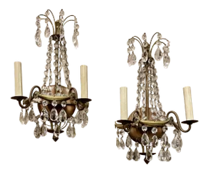 Pair Swedish Gustavian Style Two Light Wall Sconces-Crystal & Bronze