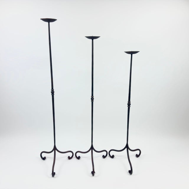 Hand Forged Iron Candelabra Set of 3 (90-110cm) Antique Copper Finish Straight Stem with Ornate French Scroll Feet For Sale - Image 6 of 6