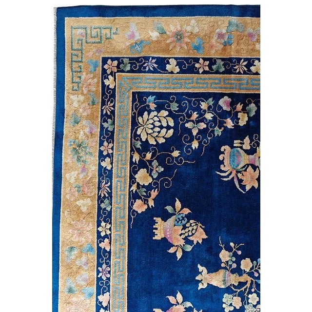 1920s Navy Blue Floral Vase Antique Chinese Art Deco Rug 8' 9'' X 11' 6'' Wool Knotted Carpet For Sale - Image 4 of 12