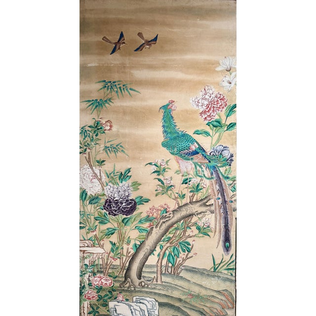 Chinese Export Six Panel Screen Circa 1920s, Hand-Painted Chinoiserie Garden With Birds For Sale - Image 11 of 16