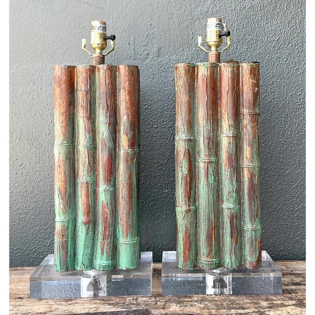 Late 20th Century Vintage Faux Bamboo Lamps on Lucite Plinth - A Pair For Sale - Image 5 of 12