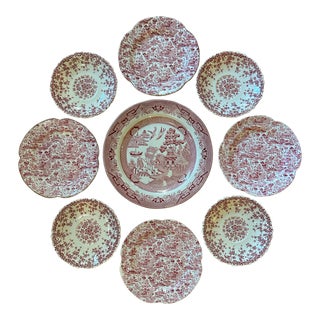 Vintage Set of 9 Red Transferware Plates for Plate Wall For Sale