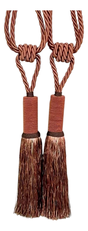 Pair Vintage French Passementerie Art Deco Asian Style Tassel Drapery Tiebacks in Terracotta and Gold