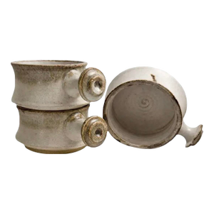 Signed, Uncommon Studio Pottery Nesting Bowl Trio, 1970s Stoneware, Button-Lug Handles