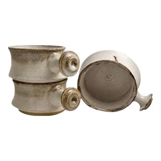 Signed, Uncommon Studio Pottery Nesting Bowl Trio, C. 1970s Organic Modern Stoneware, Button-Lug Handles For Sale