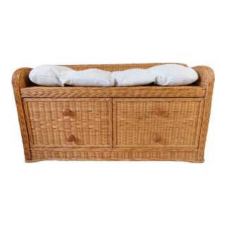 Vintage C1980s Natural Wicker Storage Bench W/ 2 Large Drawers For Sale