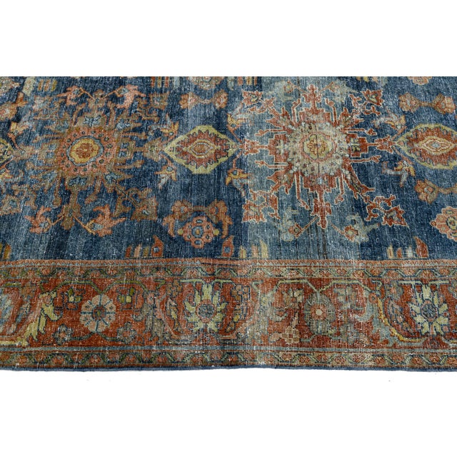 Antique Mahal Rug With Distressed Indigo Blue and Terracotta Field For Sale - Image 11 of 11