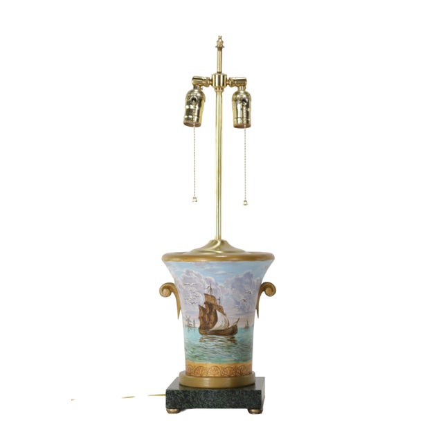 Nautical Vintage Hand-Painted Nautical-Themed Wooden Urn-Shaped Table Lamps - Pair For Sale - Image 3 of 12
