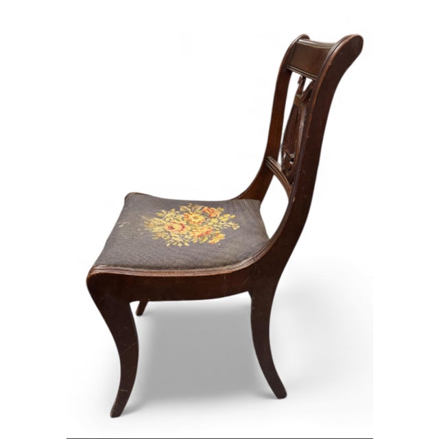 Traditional Early 20th Century Duncan Phyfe Style Harp Back Side Chair With Original Needlepoint Seat For Sale - Image 3 of 4