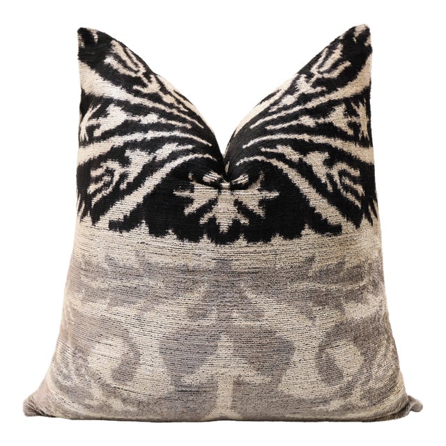 Hand-Knotted Split-Tone Silk Velvet Pillow - 20x20 Black & Silver For Sale