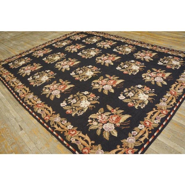 1980s Black Floral European Vintage Needlepoint Carpet 7'10'' X 9'6'' Flatweave Wool Rug For Sale - Image 9 of 9