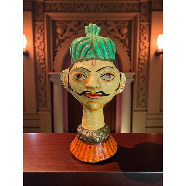 India Paper Mache Folk Art Bust Pair-Rajasthani Style Heads-Kasmiri-Sculpture For Sale - Image 6 of 15