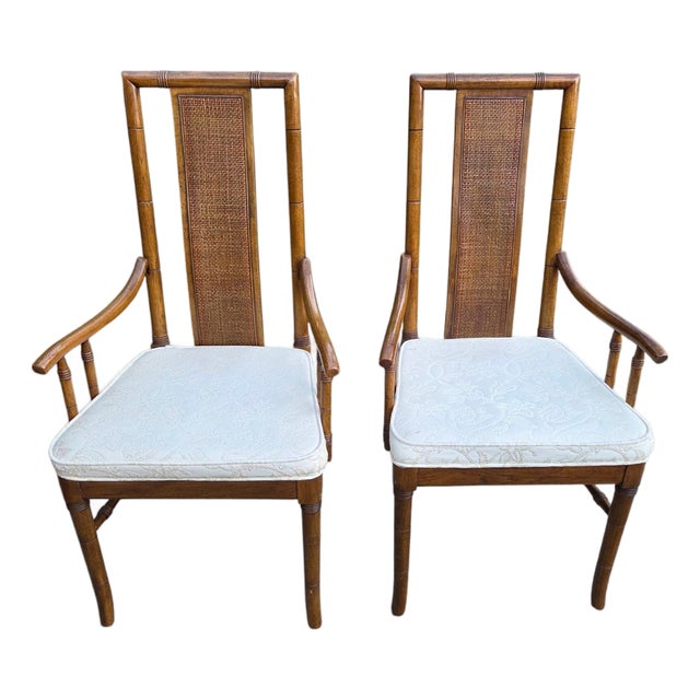 Thomasville Vintage Faux Bamboo Cane High Back Dining Armchairs Regency Pair For Sale
