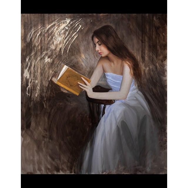 Interesting Story by Bunyod Suvonov | Oil on canvas Woman reading a book while seated. For Sale