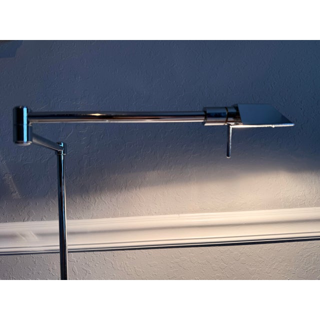 1970s Italian Postmodern Chrome & Glass Floor Swing Arm Adjustable Lamp With Pharmacy Shade and Relco Milano Dimmer For Sale - Image 4 of 12