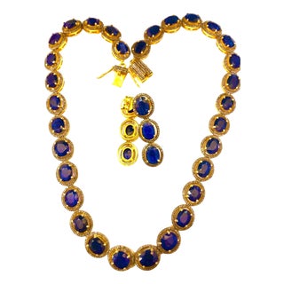 Bochic "Capri" Natural Blue Sapphire & Diamond Necklace & Earrings Set 18K Gold For Sale