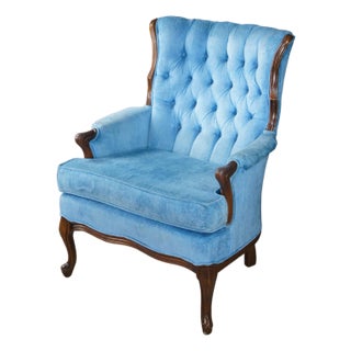 Antique French Blue Velvet Tufted Fauteuil Walnut Wingback Parlor Armchair For Sale