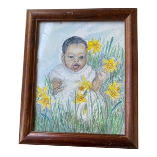Mid 20th Century Black Toddler "April Among the Daffodils" Signed Watercolor For Sale