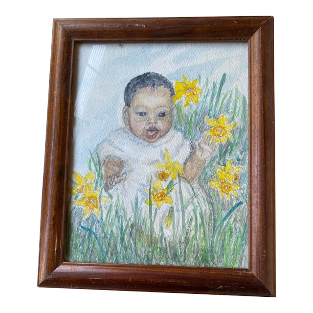 Mid 20th Century Black Toddler "April Among the Daffodils" Signed Watercolor For Sale