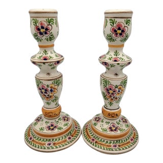Vintage Delft Colorful Floral Ceramic Hand Painted Dutch Candlesticks-Set of 2 For Sale