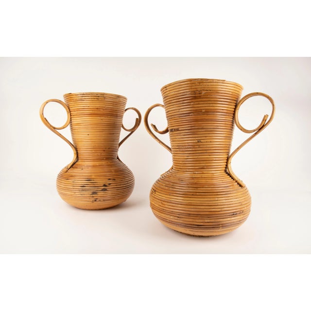 1960s pair of rattan vases with two handles in the shape of an ancient Amphorae by Vivai del Sud, Rome, Italy. Vivai del...
