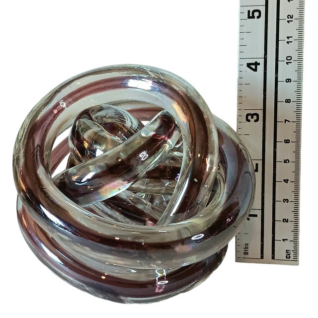 Purple Abstract Art Glass Knot Twisted Infinity Decor Paperweight Clear & Purple Colors 4" X 3.5" For Sale - Image 8 of 11
