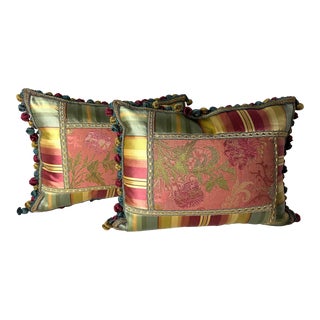 Custom Made Floral & Striped Fringed Pillows- a Pair For Sale