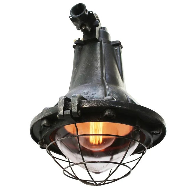 Industrial Vintage French Industrial Green Cast Iron and Clear Glass Pendant Lamp For Sale - Image 3 of 5