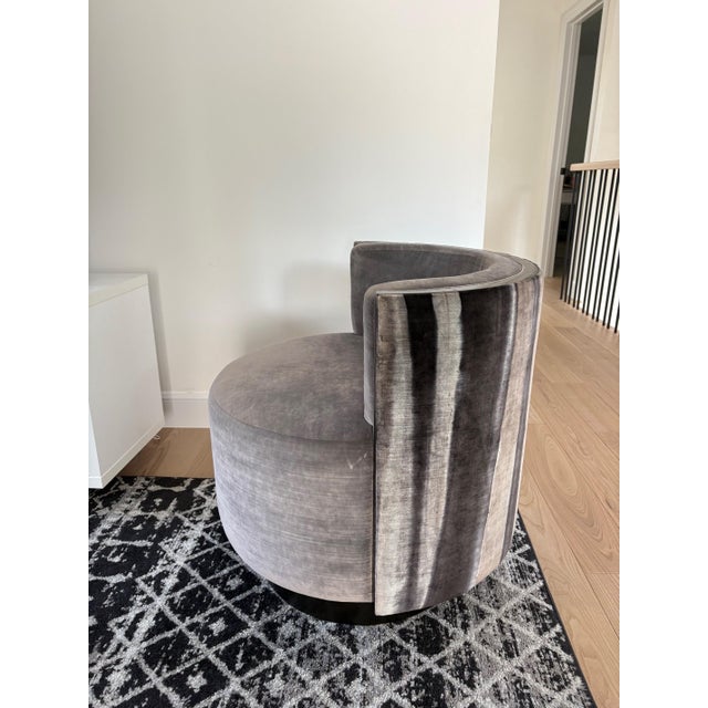 735 Chair with 360 swivel base 28"W x 27"D x 29"H, 19"SH Oak wood with charcoal stain Velvet fabric, small crush mark on...