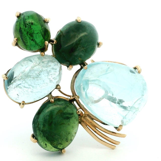 1950s Italian Mid-Century Aquamarine & Green Tourmaline Floral Brooch in 14k Gold For Sale - Image 5 of 17