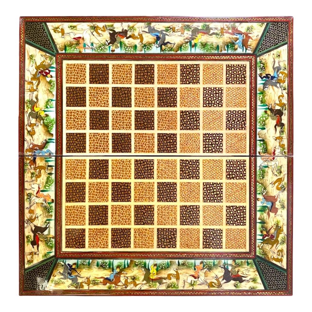 Persian Khatam Chess Board With Micro-Mosaic and Handpainted Decoration and Backgammon Board For Sale