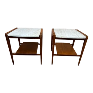 Pair of Mid Century Italian Travertine and Walnut 2 Tier Side Tables