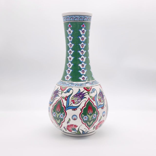 Handmade Ceramic “Gonca” Vase (25cm) – Emerald Green Neck & Tulip Garden Pattern – Mediterranean Home Decor For Sale - Image 6 of 7