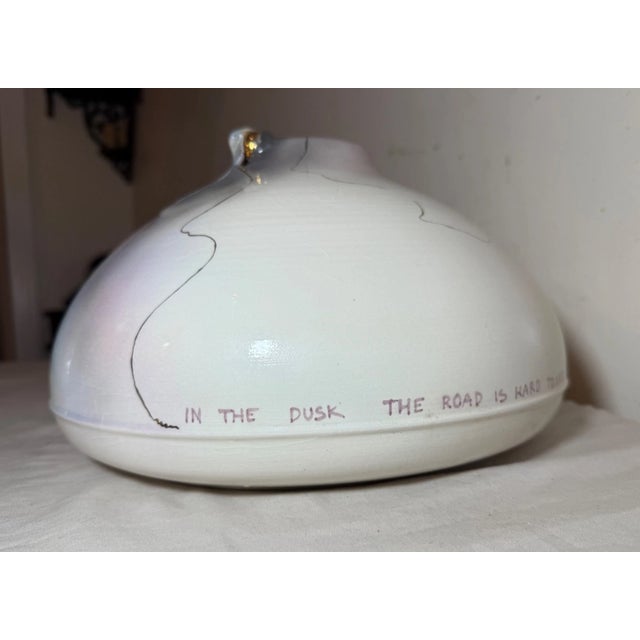 Large Vintage Handmade White Gold Signed Studio Art Pottery Quote Vase Sculpture For Sale - Image 12 of 16