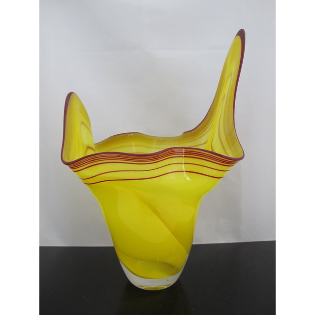 Large Hand blown "handkerchief" style studio art glass vase in yellow with red linear accent and asymmetrical ruffled rim....