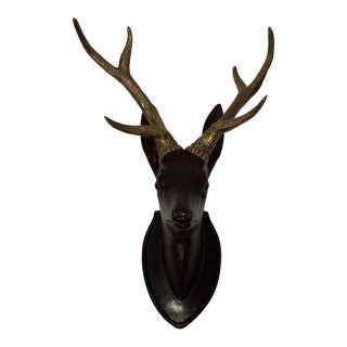 Chapman Hand Carved Wooden Stag Wall Sculpture With Brass Horns For Sale