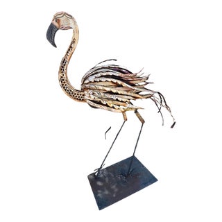Vintage Painted Metal Flamingo Sculpture For Sale