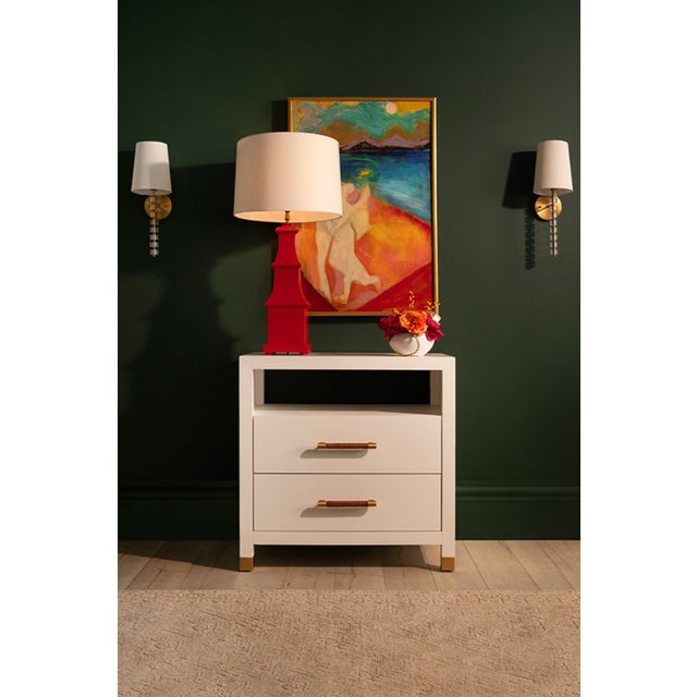 2020s Matthew Izzo Home Hancock Matte White Lacquer Two Drawer Side Table With Rattan Wrapped Handles and Brass Detail For Sale - Image 5 of 5