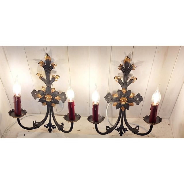 1970s Vintage Rustic Wall Lamps with Wrought Iron Frame, 1970s, Set of 2 For Sale - Image 5 of 7
