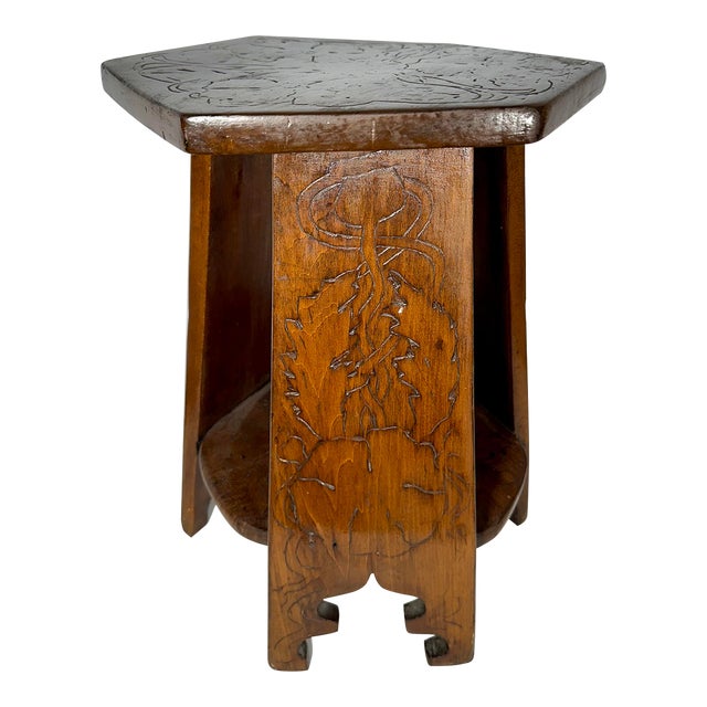 Vintage Softwood Arts and Crafts Cut Out Pyrographic Tabouret. For Sale